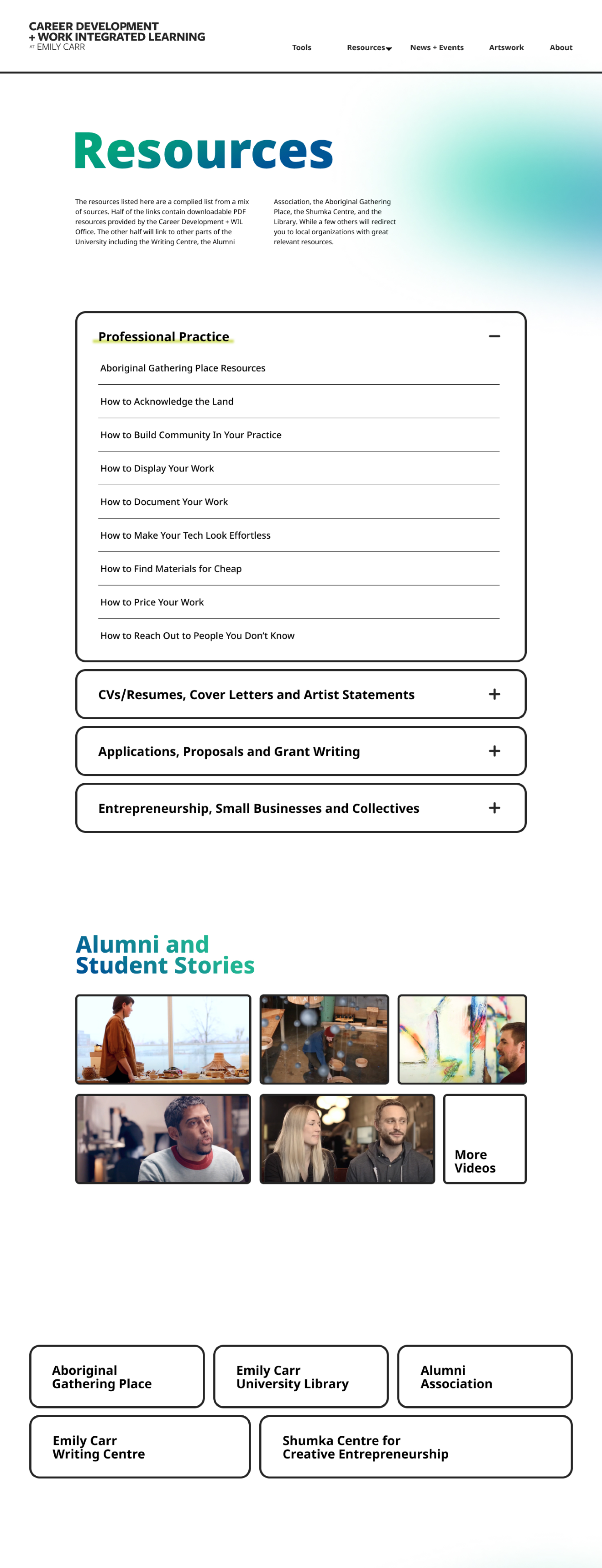 The Creative Careers resources page with expanded sections